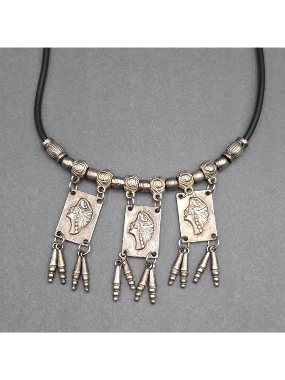 Vintage Tribal Panel Fringe Necklace Silver Tone Leather Cord Boho Statement - Picture 8 of 16